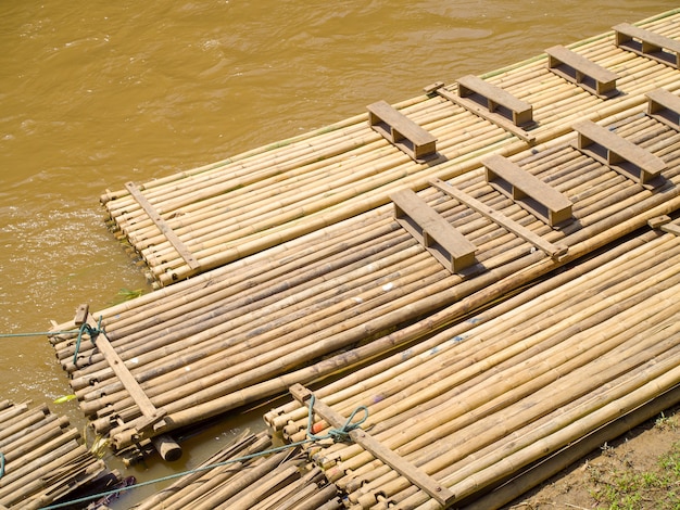 Bamboo rafts prepared and ready for a tourists