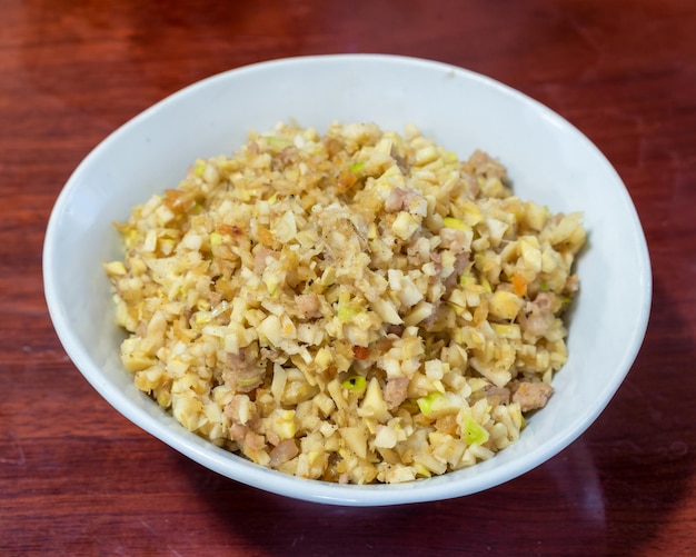 Bamboo shoots sliced puff with pork chops in bowl