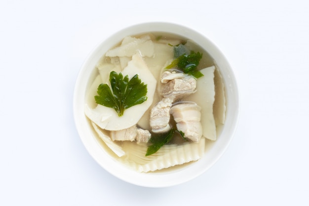 Bamboo shoots with pork soup on white