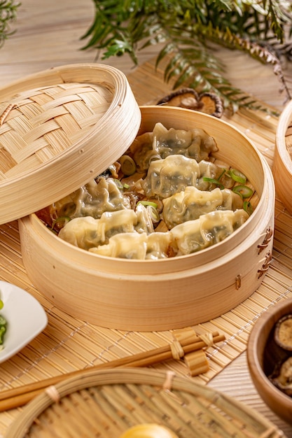 Bamboo steamer with tasty dumplings