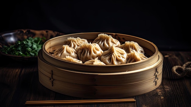 A bamboo steamer with a wooden tray and a plate of dumplings