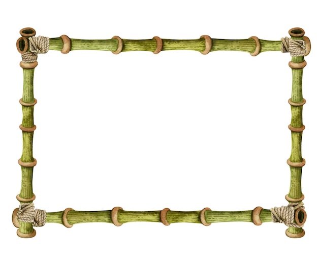 Bamboo stems corded with rope watercolor rectangular frame illustration for dinosaurs party