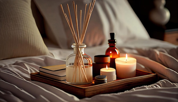 Bamboo sticks in bottle with scented candles and open book on wooden tray in bed closeup