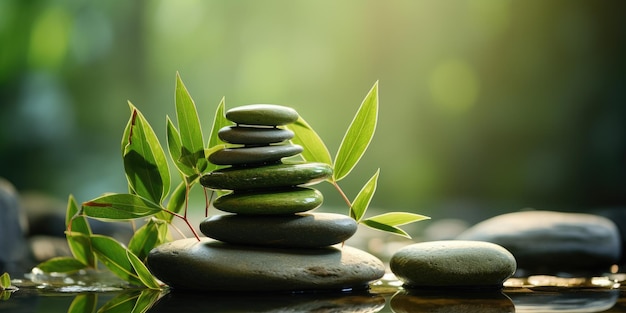 Bamboo and stones spa salon concept green background Generative AI