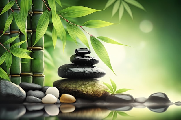 Bamboo and stones in a wellness spa Generative AI Zen Stones and Bamboo on the water relax enjoy at spa concept