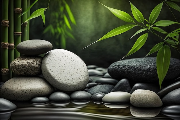 웰빙 스파의 대나무와 돌 Generative AI Zen Stones와 Bamboo on the water는 스파 컨셉에서 휴식을 취합니다.