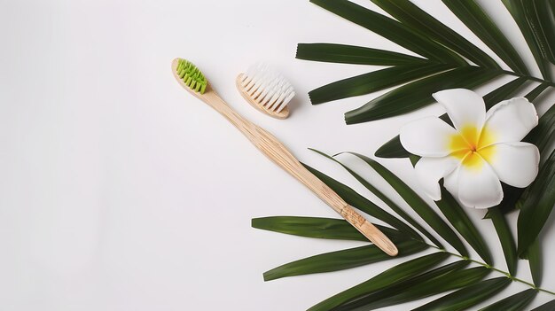Bamboo toothbrush on a table with copy space on a white background Styled compositio Generative AI