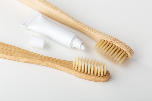 Bamboo toothbrush with toothpaste, closeup