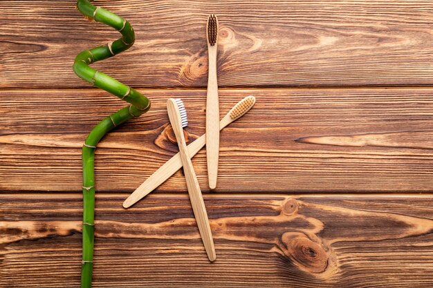 Bamboo toothbrushes, bamboo branch on wooden background. Flat lay copy space.