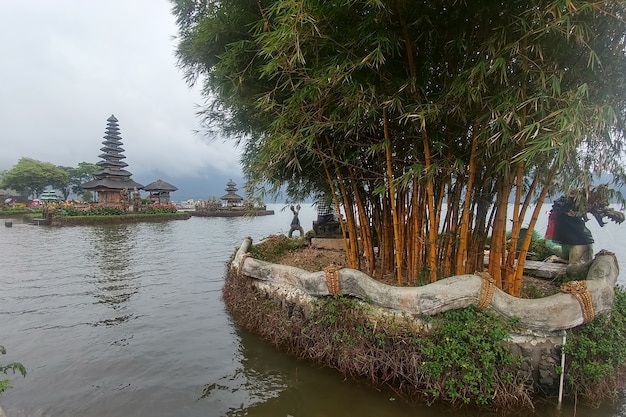 Bamboo trees and Ulun Danu temple on background Beratan Lake in Bali Indonesia