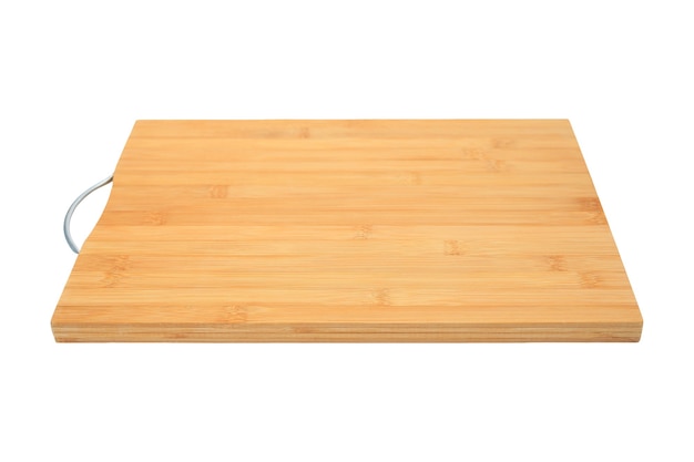 Bamboo veneer cutting board with handle, isolated on white background, perspective view