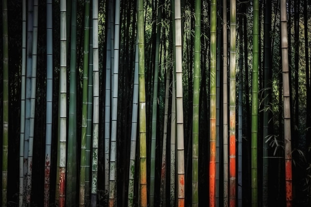 A bamboo wall with a blue and green background.