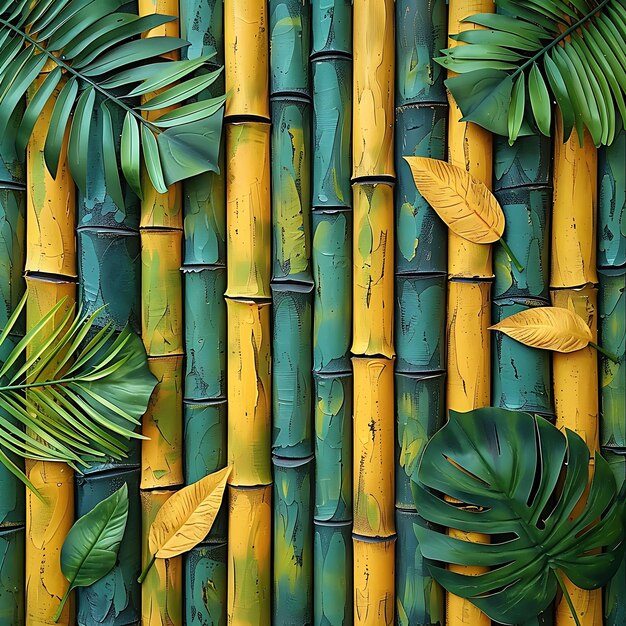 Foto bamboo wood texture met tropical foliage collage layered ef creatieve achtergrond decor collectie