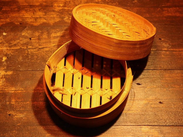 bamboo woven bowl on a wooden table