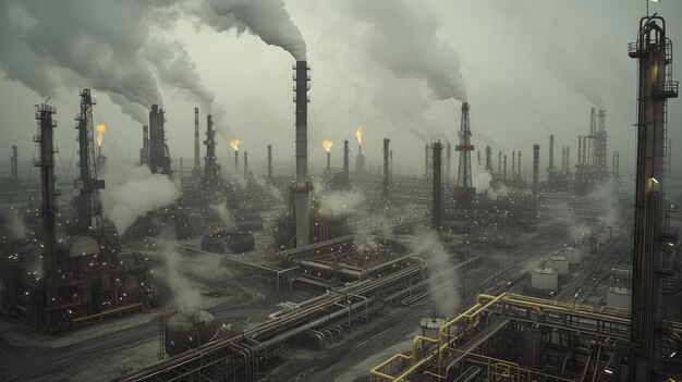 BAn aerial view of an oil refinery at dusk