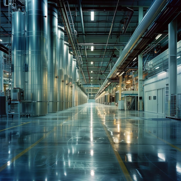 写真 ban empty factory building with shiny metal pipes and reflective floors