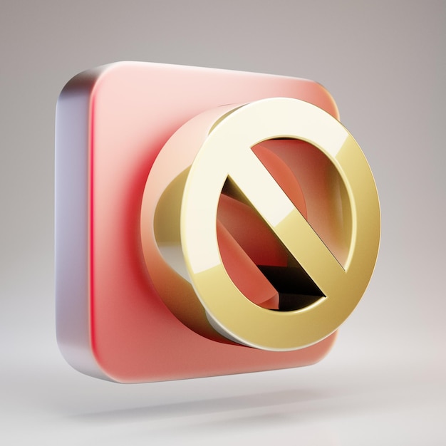 Ban icon. Golden Ban symbol on red matte gold plate. 3D rendered Social Media Icon.