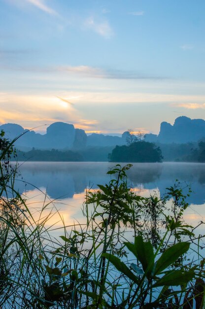 バンノンターレクラビ県タイ日の出前の水面の美しい自然反射