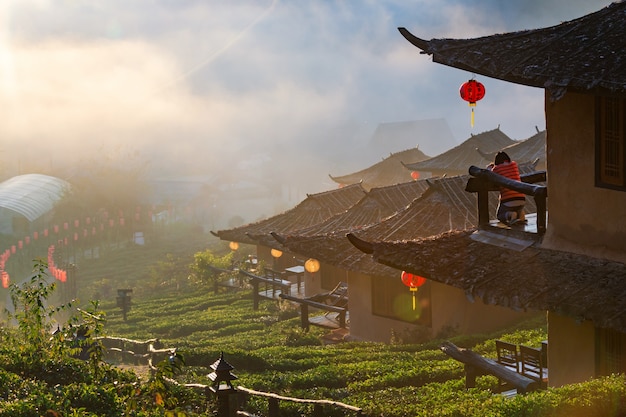 Ban Rak Thai, a Chinese settlement in tea field with fog in the morning