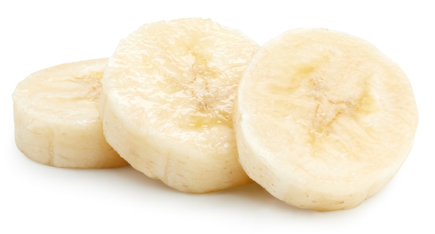 Banaan snijdt fruit. Banaan geïsoleerd met uitknippad op een witte achtergrond. Kwaliteitsfoto voor uw project.
