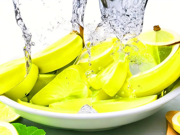 banana and banana slices with leaf water splash in bowl png free download