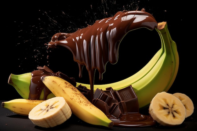 A banana being dipped into chocolate captured at the moment of immersion