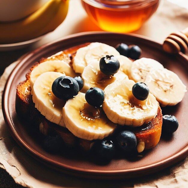 Banana blueberry and honey toasts on a plate Homemade dessert