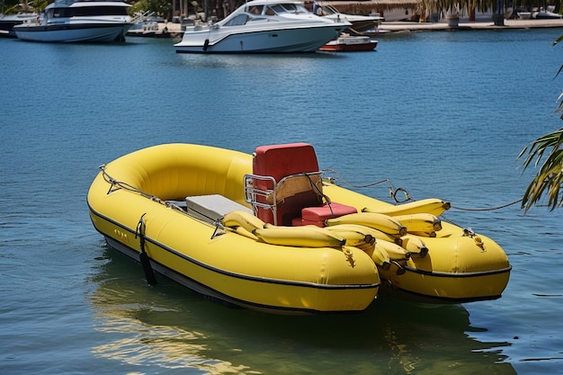 A banana boat towed behind a speedboat