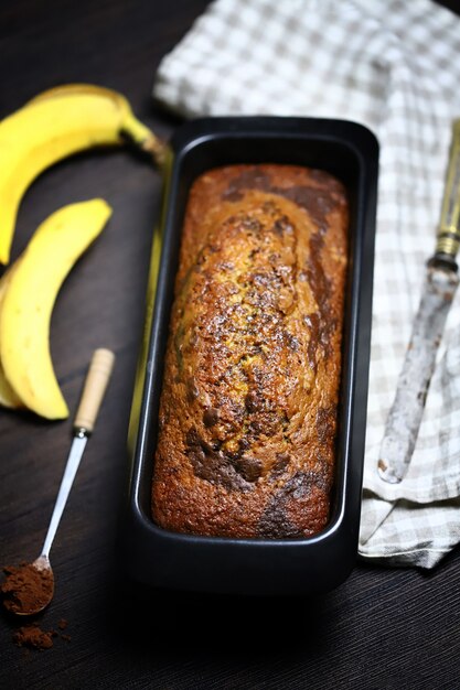 Banana bread in a baking dish.