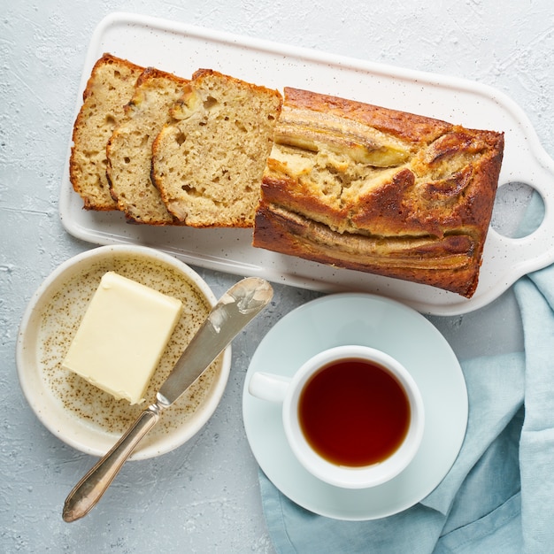 Banana bread. Cake with banana, traditional american cuisine.