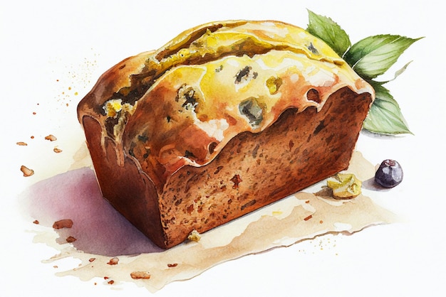 Banana bread on white background watercolour illustration