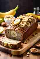 Photo a banana bread with bananas and bananas on a table