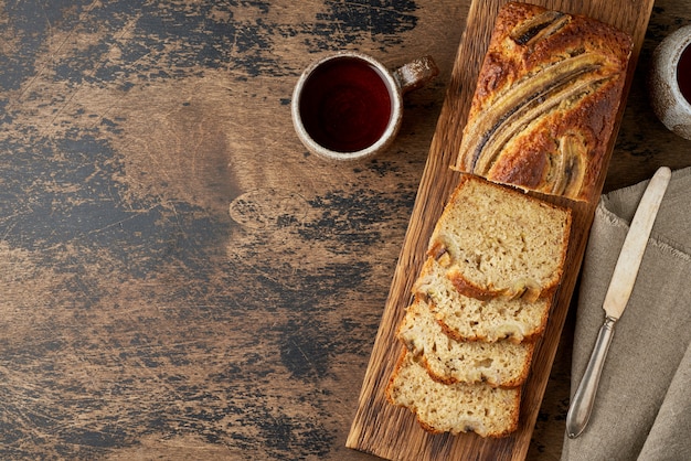 Banana bread on a wooden board