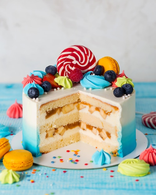 Banana cake Pie on the blue table A cake for a childrens holiday Birthday Childrens sweets