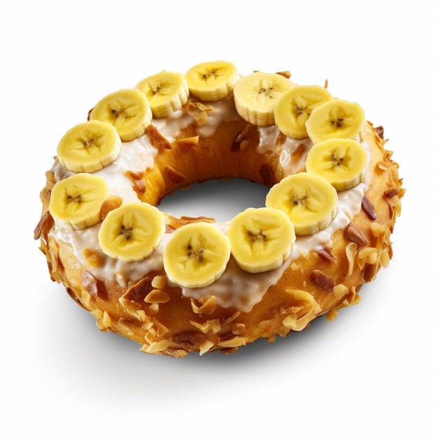 Photo a banana cake with bananas on top is shown on a white background.