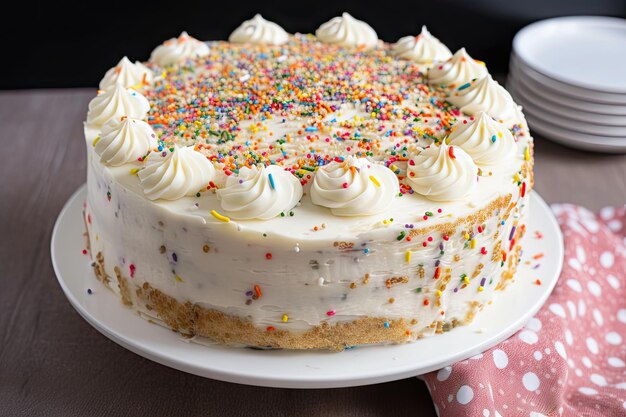 Banana cake with cream cheese frosting and sprinkles