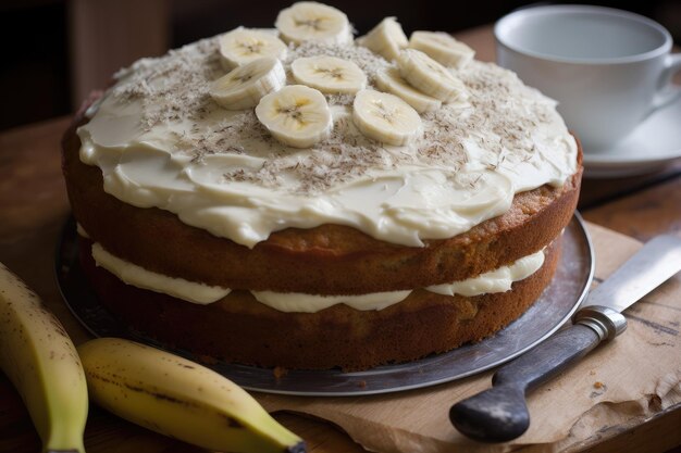 Banana cake with a layer of cream cheese frosting and sprinkling of coarse sugar