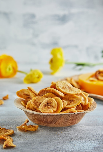 Banana chips healthy food, dry fruits and healthy vegetable chips, healthy vegan snack.