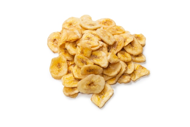 Banana chips isolated on a white background. Dehydrated banana slices.