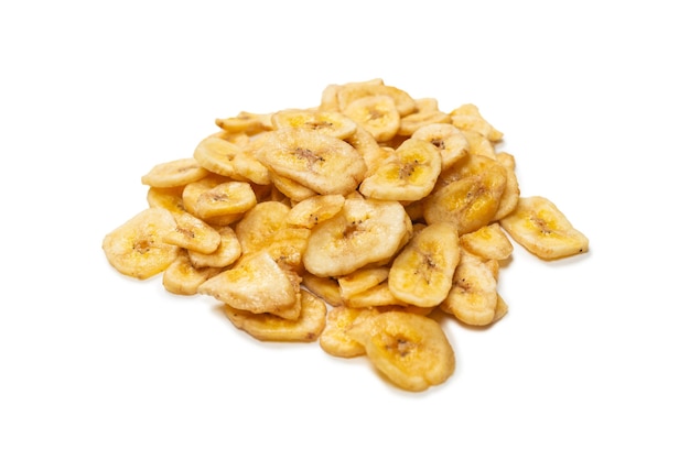 Banana chips isolated on a white background. Dehydrated banana slices.