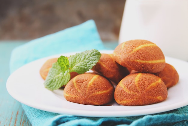 Banana chocolate cookies decorated with mint on a plate