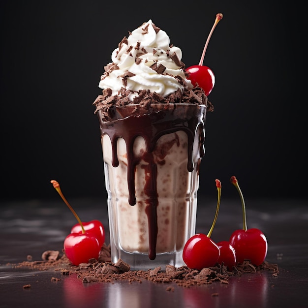 A banana chocolate milkshake with wiped cream banana pieces and some drizzled chocolate on top