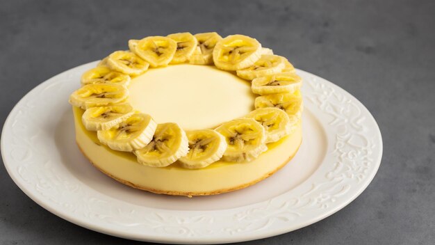 바나나 크림 파이 (Banana Cream Pie) 는 접시 위에 제공되며 광고를 위해 오른쪽 빈 공간을 사용합니다.