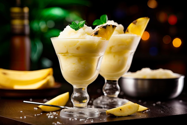 banana daiquiri cocktail and ice on glass on wooden table