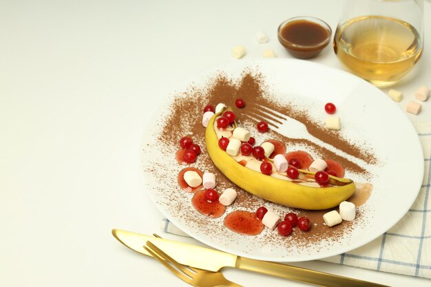 Banana dessert on white background space for text