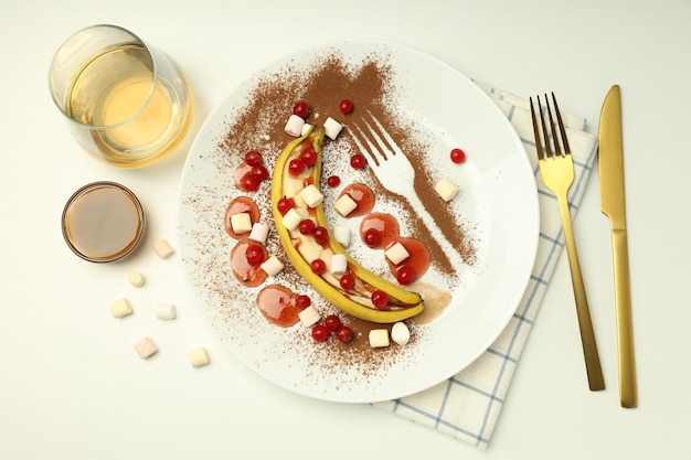 Banana dessert on white background top view