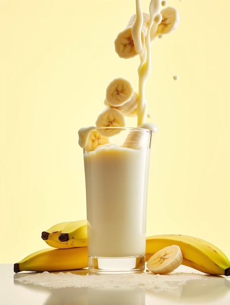 Photo banana dropping into a glass of milkshake on light yellow background