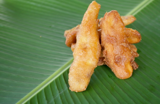 Banana fired or banana chips on a tray.Thailand street food.