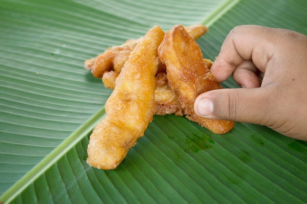 Banana fired or banana chips on a tray.Thailand street food.