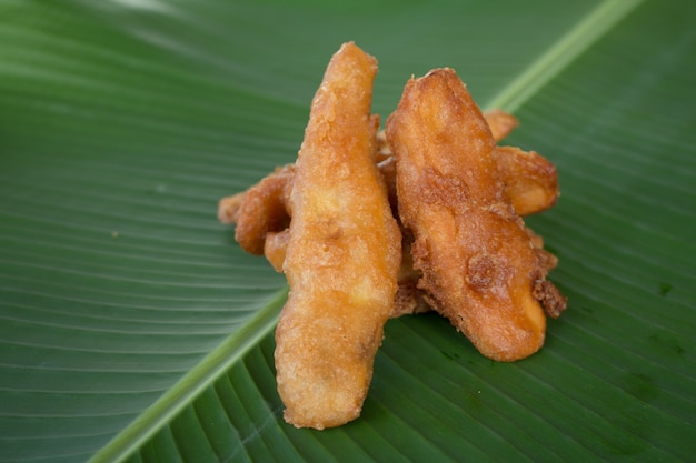 Banana fired or banana chips on a tray.Thailand street food.